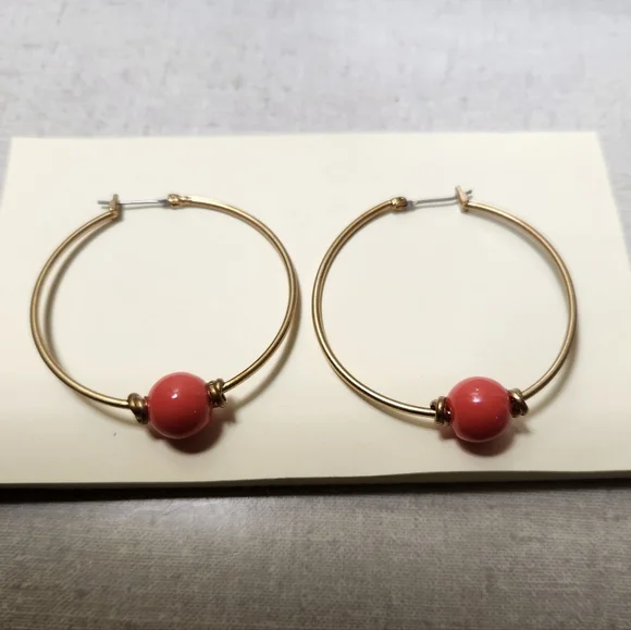 NWOT Gold Hoops with Coral Beads - Picture 4 of 4